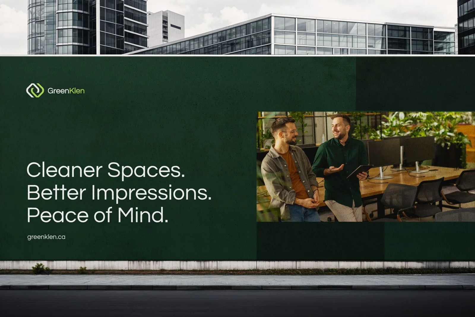 GreenKlen billboard: Cleaner Spaces. Better Impressions. Peace of Mind.
