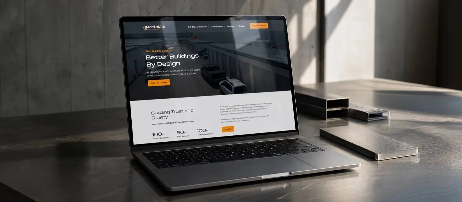 MetalCor website on a laptop: Better Buildings By Design